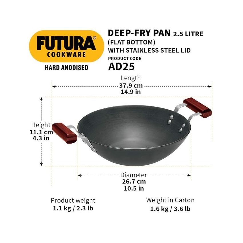 Hawkins Futura 2.75 Litre Deep Fry Pan, Hard Anodised Kadai, Round Bottom Kadhai, Black (AK275)