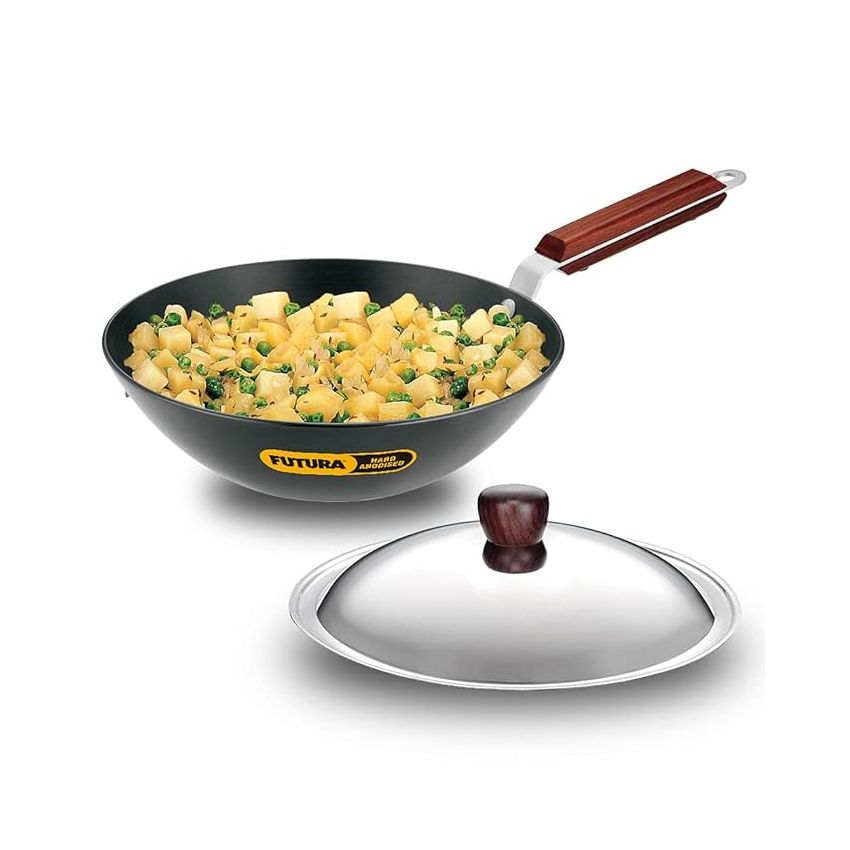 Hawkins Futura 2.5 Litre Deep Fry Pan, Long Handle Hard Anodised Kadai with Stainless Steel Lid, Flat Bottom Kadhai, Black (ADL25S)