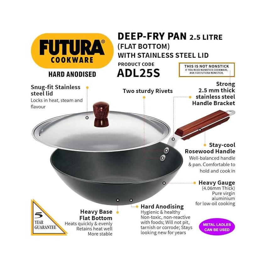 Hawkins Futura 2.5 Litre Deep Fry Pan, Long Handle Hard Anodised Kadai with Stainless Steel Lid, Flat Bottom Kadhai, Black (ADL25S)