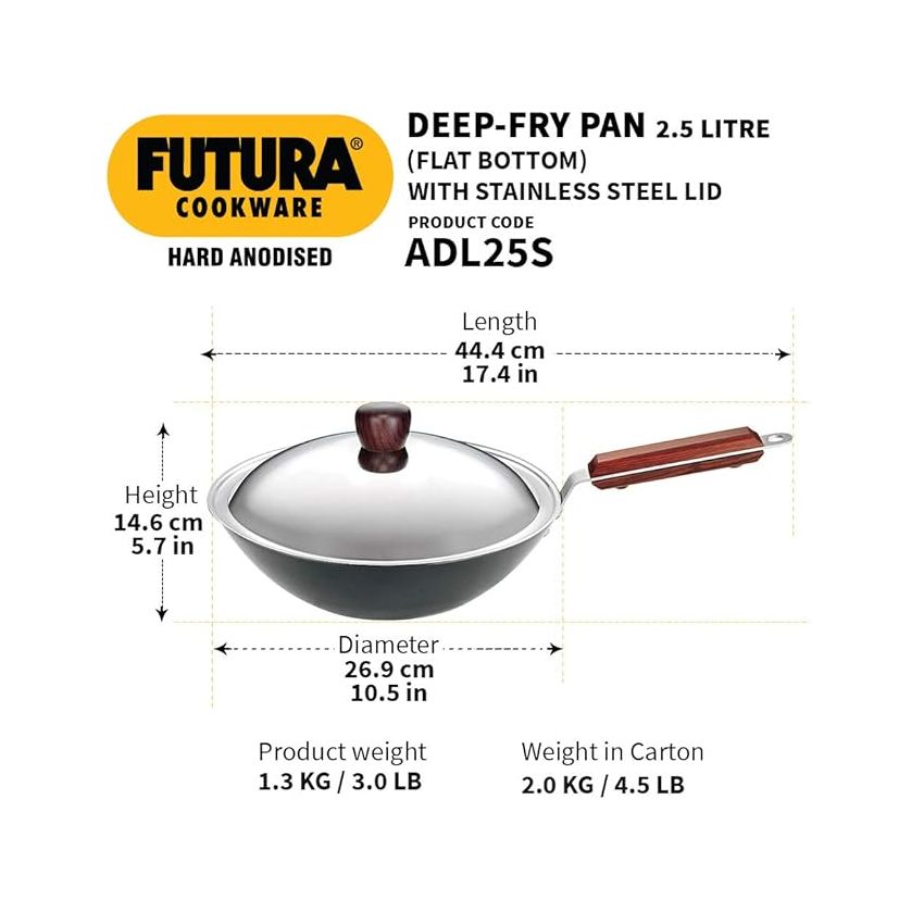 Hawkins Futura 2.5 Litre Deep Fry Pan, Long Handle Hard Anodised Kadai with Stainless Steel Lid, Flat Bottom Kadhai, Black (ADL25S)