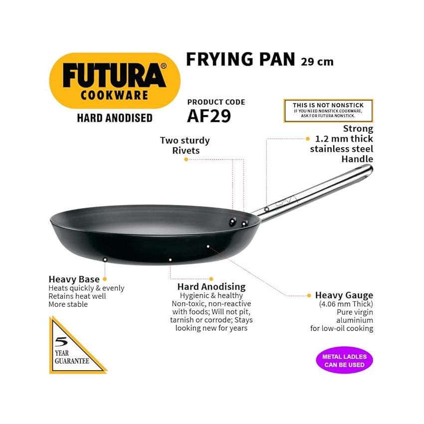 Hawkins Futura 29 cm Frying Pan, Hard Anodised Fry Pan with Stainless Steel Handle, Big Frying Pan, Black (AF29)