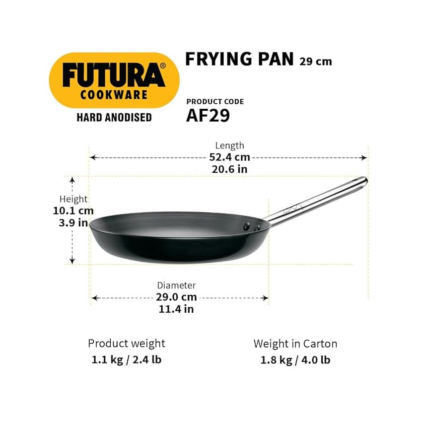 Hawkins Futura 29 cm Frying Pan, Hard Anodised Fry Pan with Stainless Steel Handle, Big Frying Pan, Black (AF29)