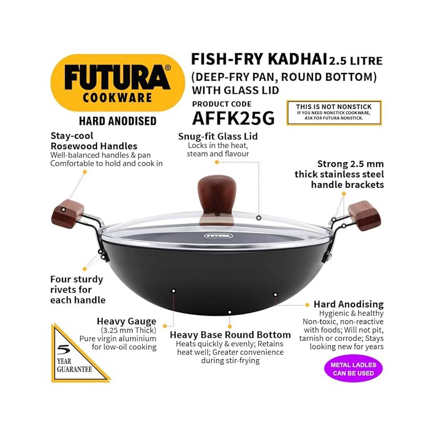 Hawkins Futura 2.5 Litre Fish Fry Kadhai, Hard Anodised Deep Fry Pan with Glass Lid, Round Bottom Kadai, Black (AFFK25G)