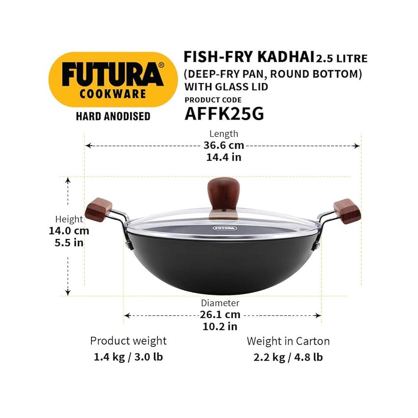 Hawkins Futura 2.5 Litre Fish Fry Kadhai, Hard Anodised Deep Fry Pan with Glass Lid, Round Bottom Kadai, Black (AFFK25G)