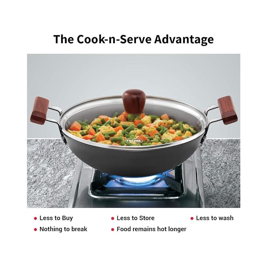 Hawkins Futura 2.5 Litre Fish Fry Kadhai, Hard Anodised Deep Fry Pan with Glass Lid, Round Bottom Kadai, Black (AFFK25G)