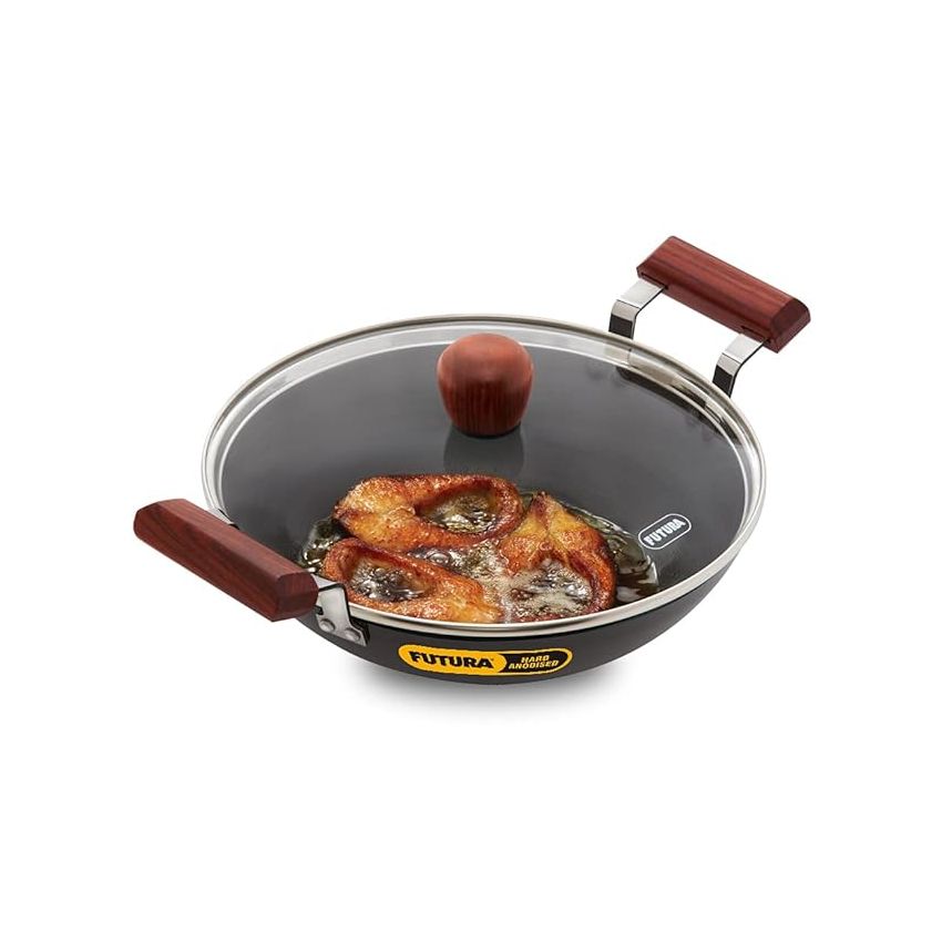 Hawkins Futura 2.5 Litre Fish Fry Kadhai, Hard Anodised Deep Fry Pan with Glass Lid, Round Bottom Kadai, Black (AFFK25G)