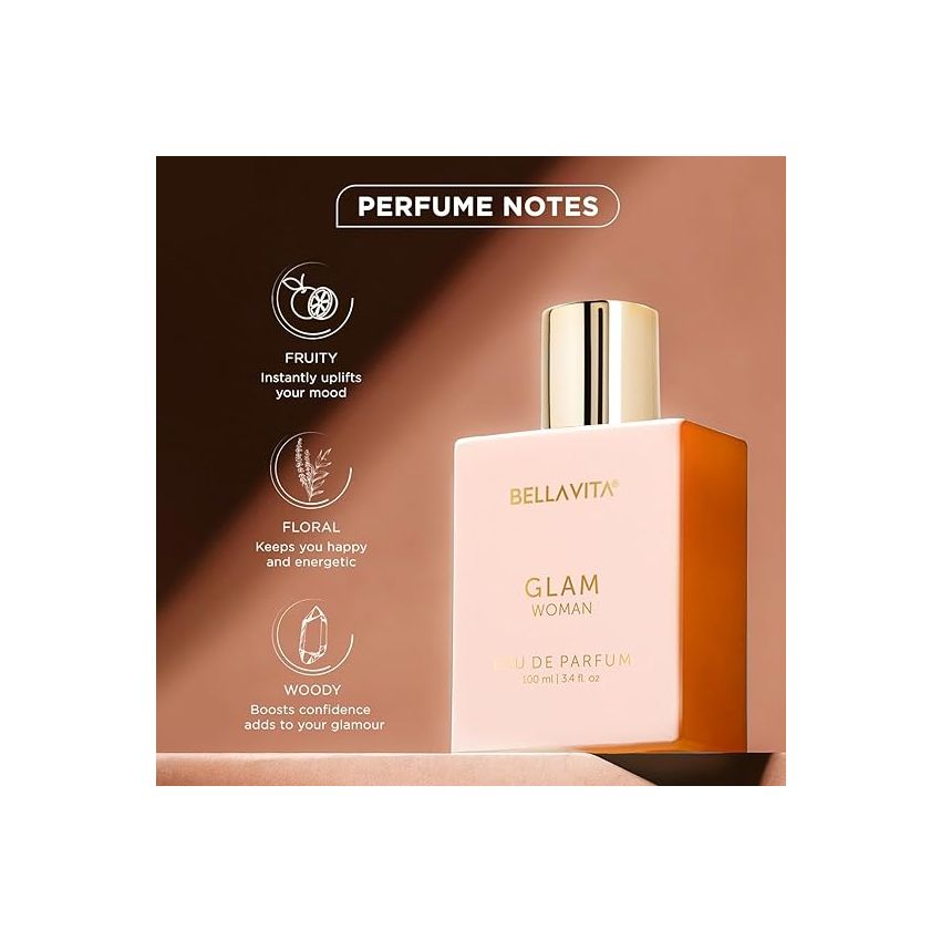 Bella Vita Luxury GLAM Woman Eau De Parfum With African Orange, Jasmine & Patchouli Premium, Long Lasting Floral & Woody Fragrance Liquid EDP For Women, 100ml