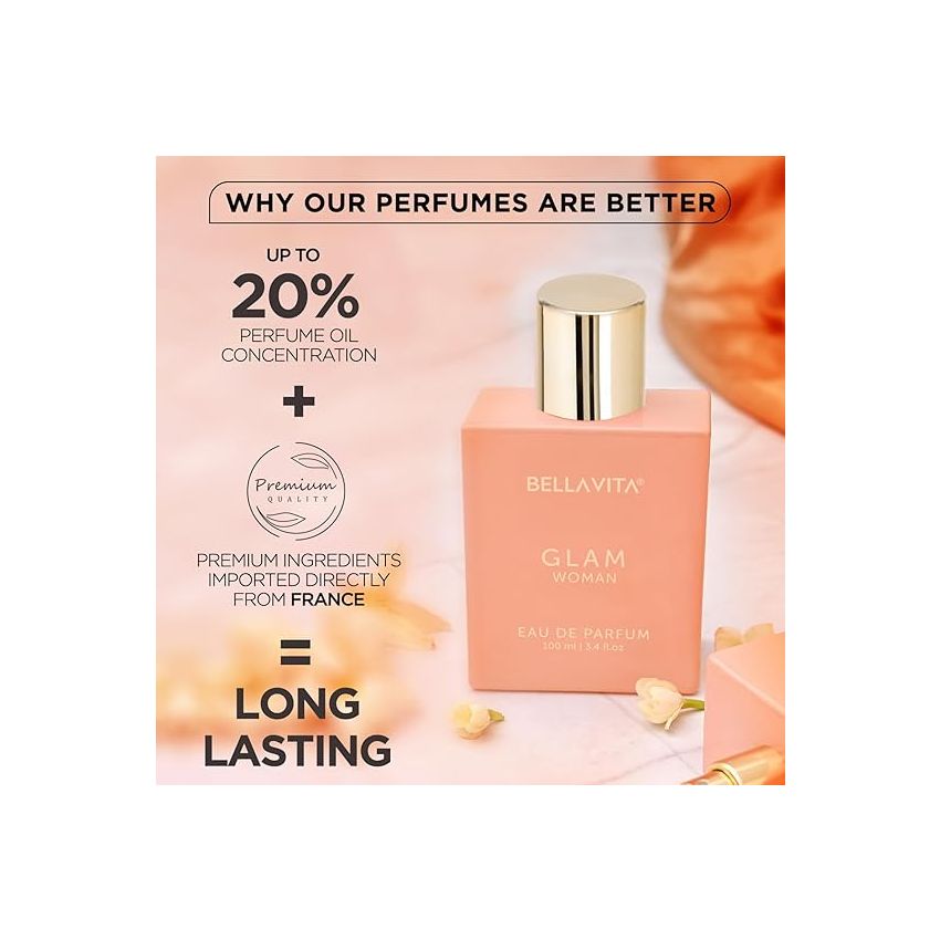 Bella Vita Luxury GLAM Woman Eau De Parfum With African Orange, Jasmine & Patchouli Premium, Long Lasting Floral & Woody Fragrance Liquid EDP For Women, 100ml
