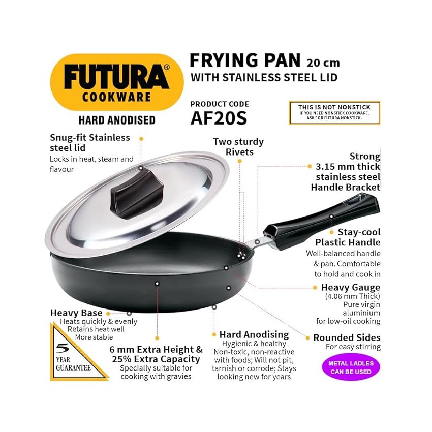 Hawkins Futura 20 cm Frying Pan, Hard Anodised Fry Pan with Stainless Steel Lid, Small Frying Pan, Black (AF20S)