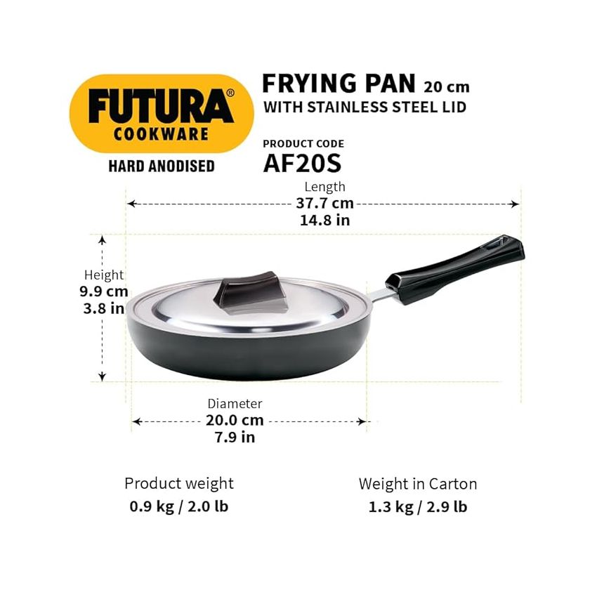 Hawkins Futura 20 cm Frying Pan, Hard Anodised Fry Pan with Stainless Steel Lid, Small Frying Pan, Black (AF20S)