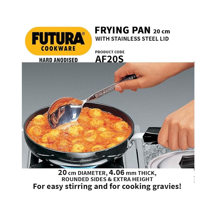 Hawkins Futura 20 cm Frying Pan, Hard Anodised Fry Pan with Stainless Steel Lid, Small Frying Pan, Black (AF20S)