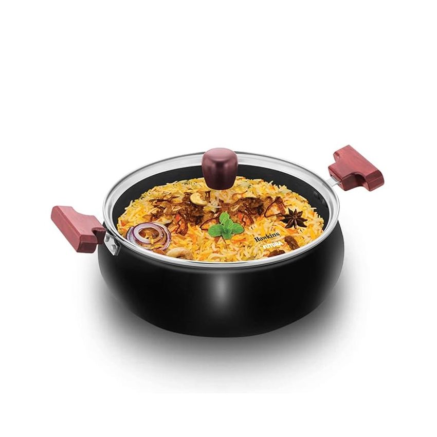 Hawkins Futura 5 Litre Cook n Serve Handi, Hard Anodised Biryani Handi with Glass Lid, Saucepan, Sauce Pan, Black (ACH50G) Polished