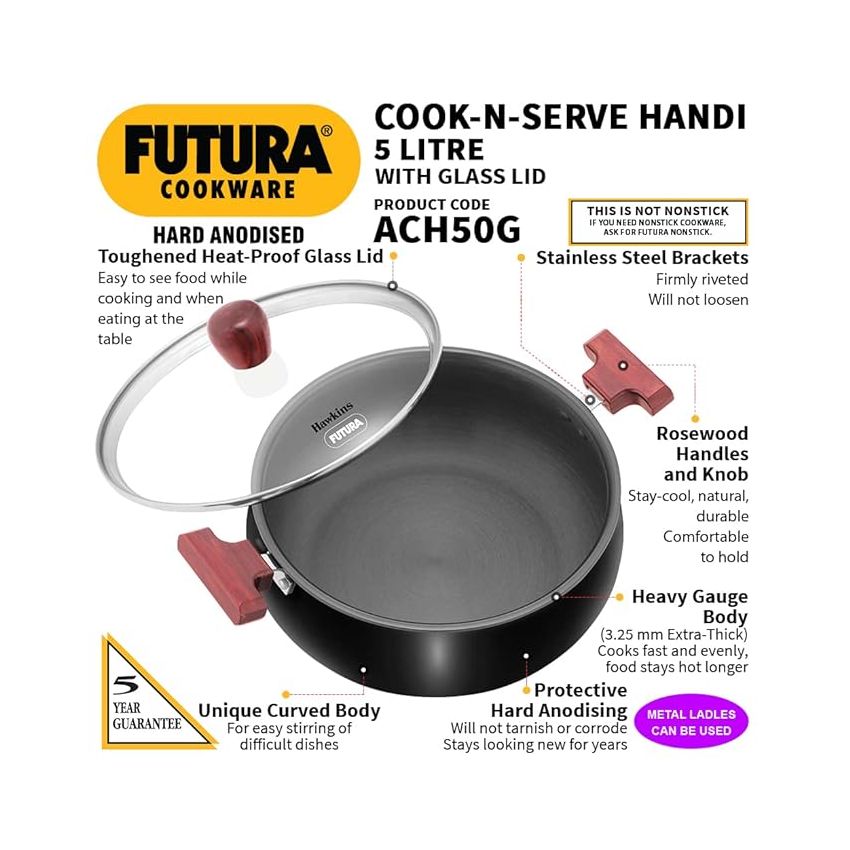 Hawkins Futura 5 Litre Cook n Serve Handi, Hard Anodised Biryani Handi with Glass Lid, Saucepan, Sauce Pan, Black (ACH50G) Polished