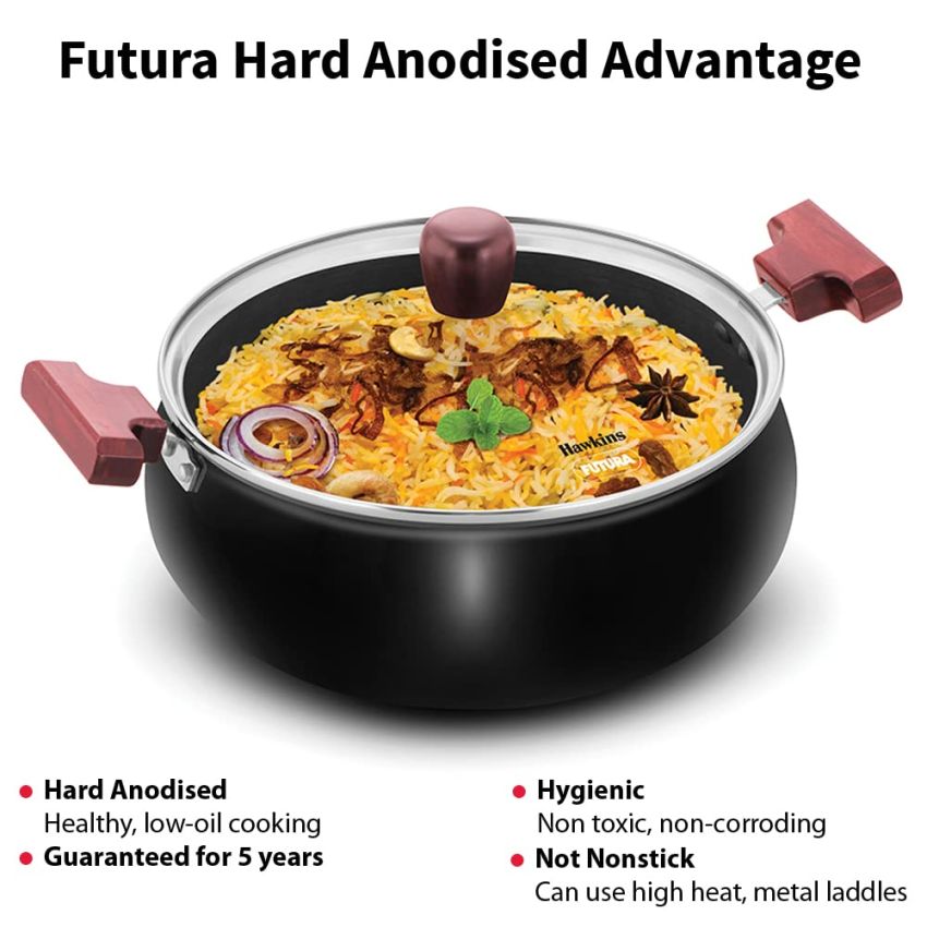 Hawkins Futura 5 Litre Cook n Serve Handi, Hard Anodised Biryani Handi with Glass Lid, Saucepan, Sauce Pan, Black (ACH50G) Polished