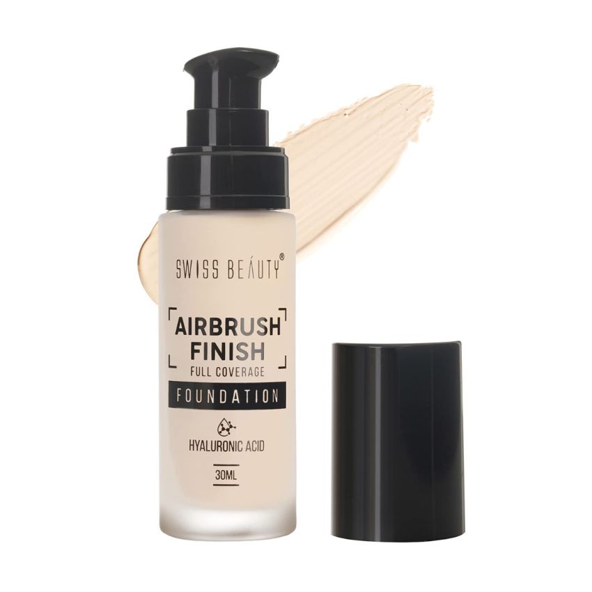 SWISS BEAUTY Airbrush Finish Lightweight Foundation|Full Coverage Blendable Foundation For Face Makeup| Benefits Of Hyaluronic Acid, Aloevera And Vitamin E|30Ml|Shade- Shell White