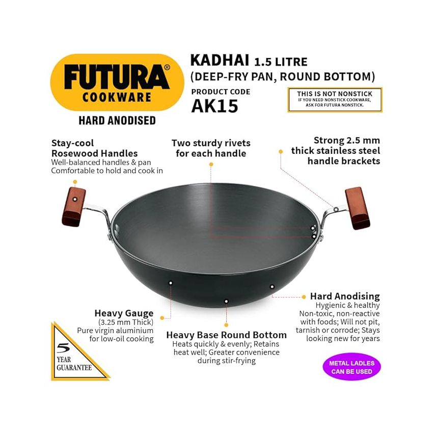 Hawkins Futura 1.5 Litre Deep Fry Pan, Hard Anodised Kadai, Round Bottom Kadhai, Small Kadai, Black (AK15)