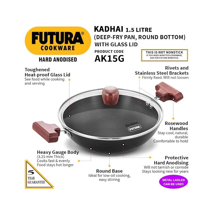 Hawkins Futura 1.5 Litre Deep Fry Pan, Hard Anodised Kadai with Glass Lid, Round Bottom Kadhai, Small Kadai, Black (AK15G)