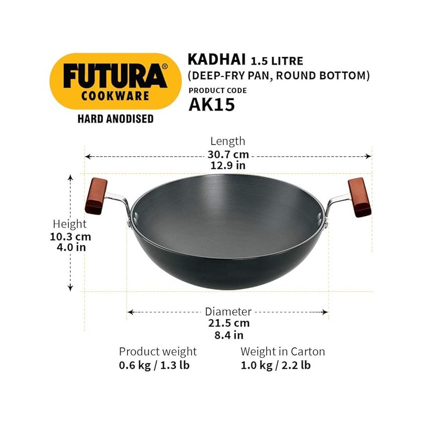 Hawkins Futura 1.5 Litre Deep Fry Pan, Hard Anodised Kadai, Round Bottom Kadhai, Small Kadai, Black (AK15)