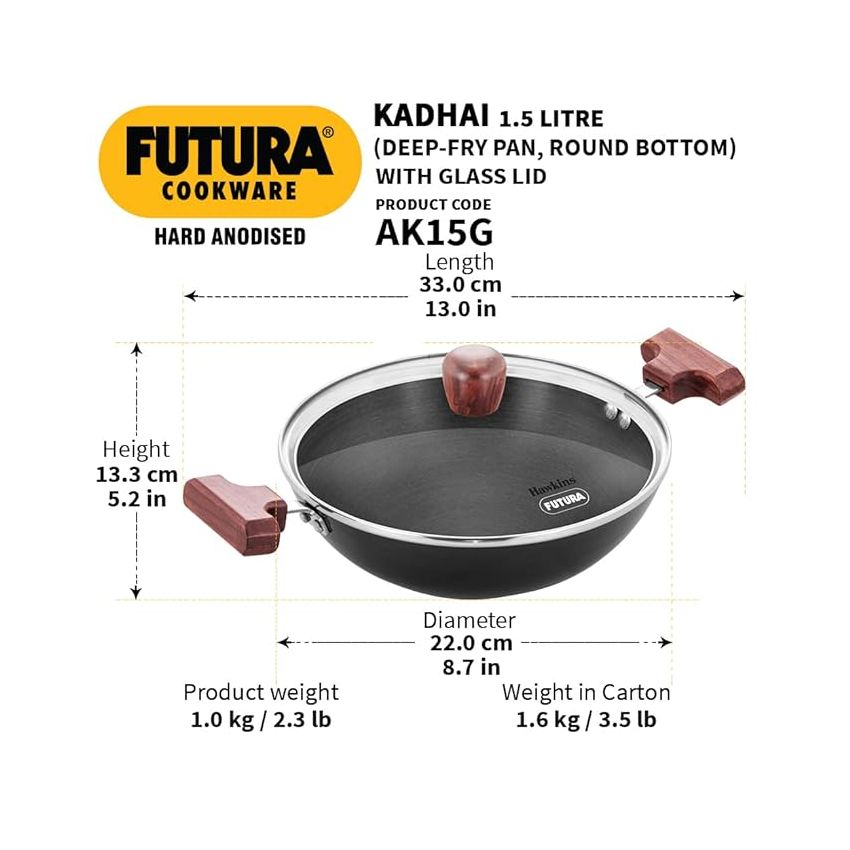 Hawkins Futura 1.5 Litre Deep Fry Pan, Hard Anodised Kadai with Glass Lid, Round Bottom Kadhai, Small Kadai, Black (AK15G)