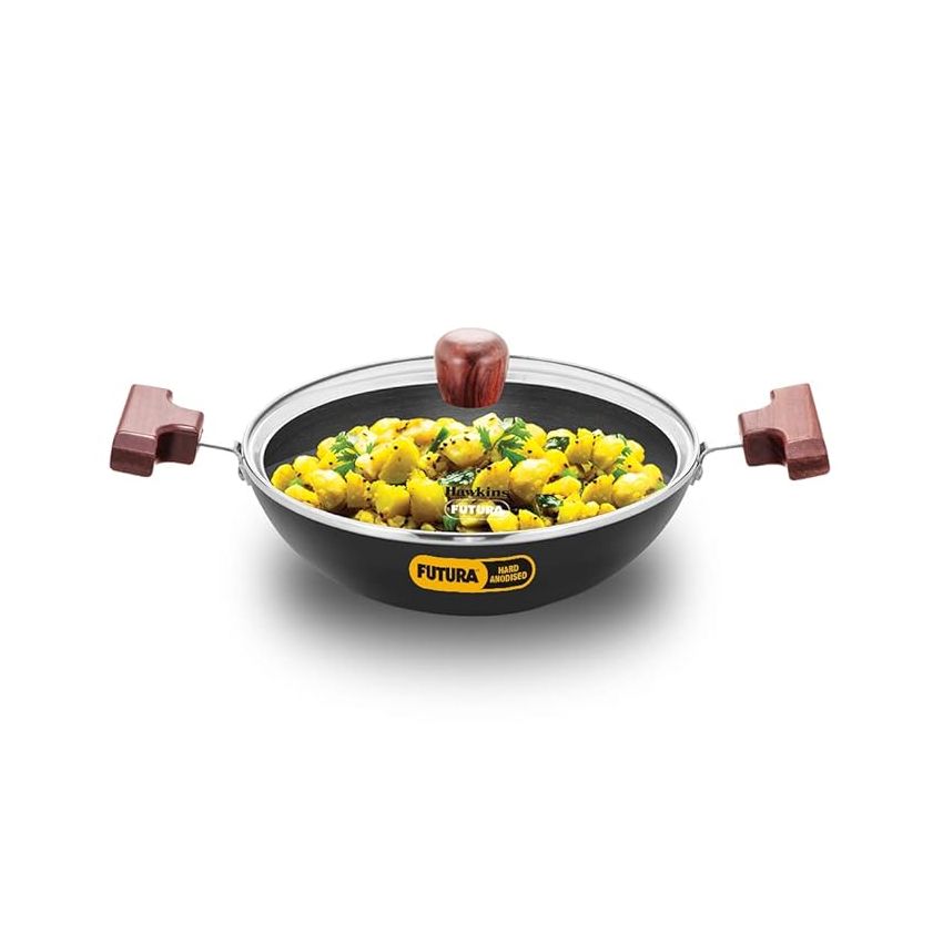 Hawkins Futura 1.5 Litre Deep Fry Pan, Hard Anodised Kadai with Glass Lid, Round Bottom Kadhai, Small Kadai, Black (AK15G)