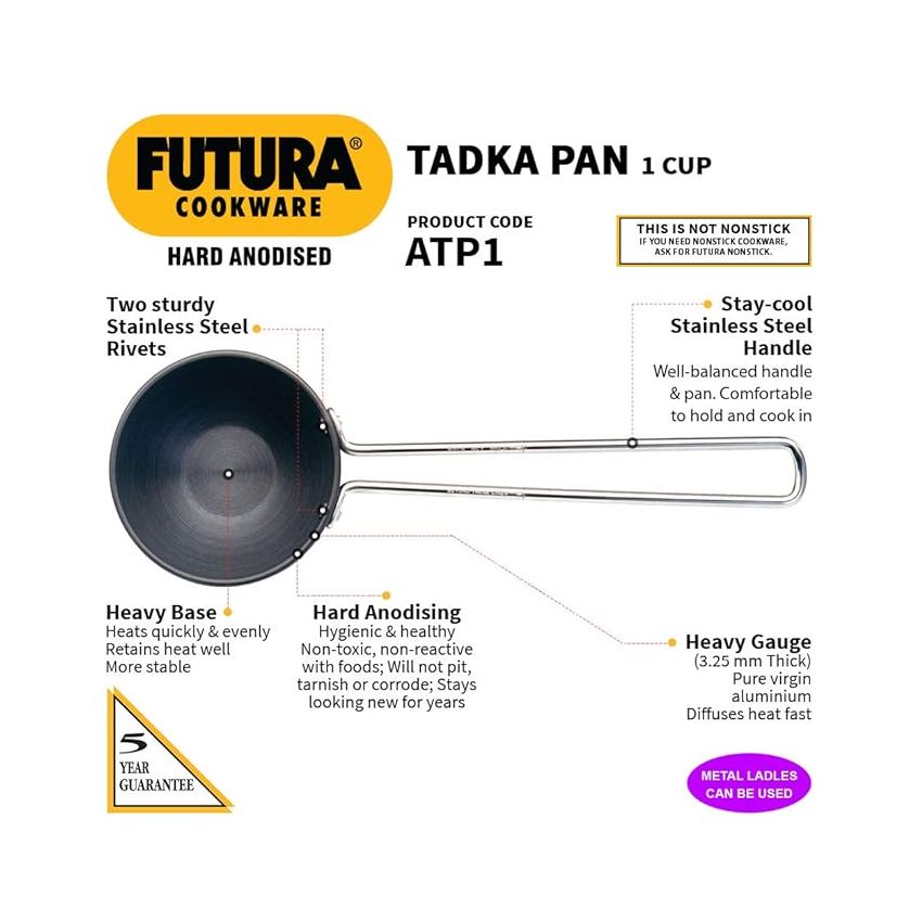 Hawkins Futura 1 Cup Tadka Pan, Hard Anodised Spice Heating Pan, 240 ml Pan, Black (ATP1), Aluminium