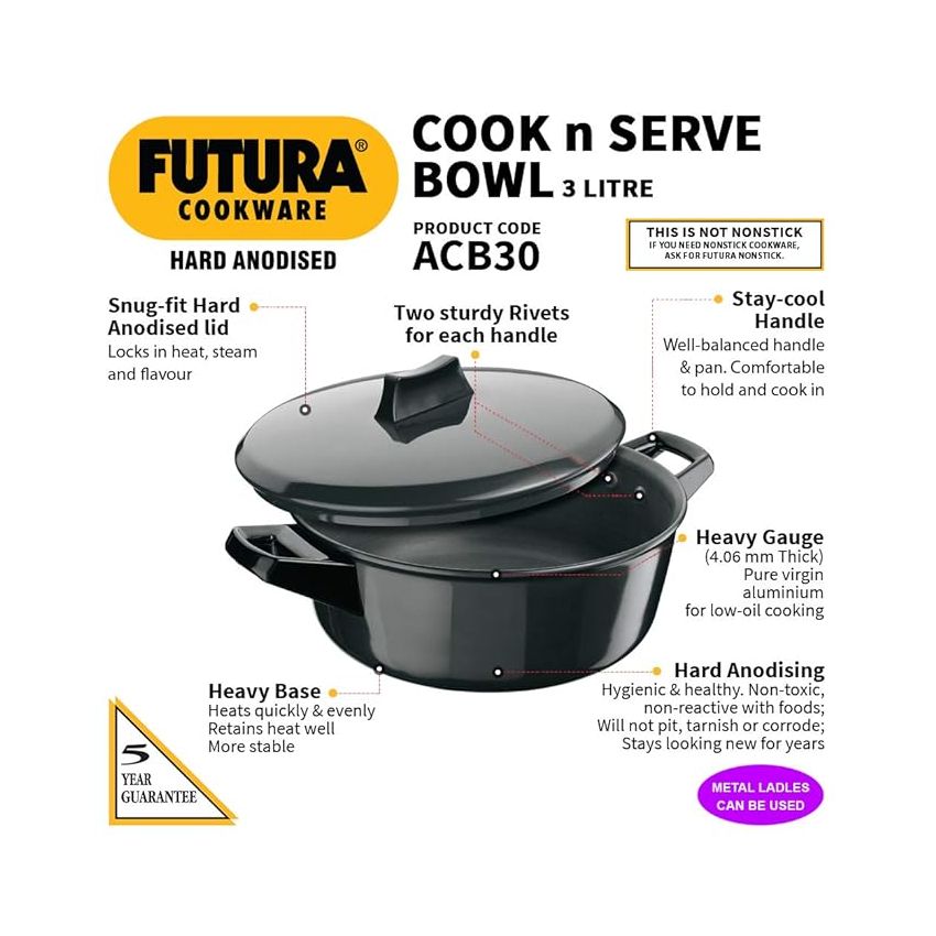 Hawkins Futura 3 Litre Cook n Serve Bowl, Hard Anodised Saucepan with Hard Anodised Lid, Sauce Pan for Cooking and Serving, Black (ACB30) (Aluminium)