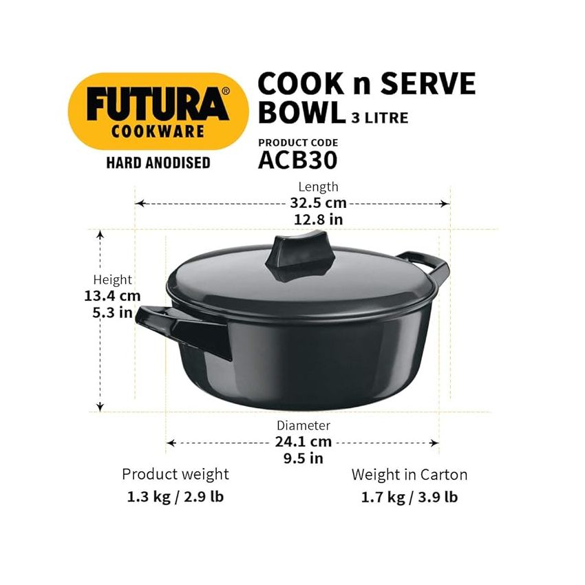 Hawkins Futura 3 Litre Cook n Serve Bowl, Hard Anodised Saucepan with Hard Anodised Lid, Sauce Pan for Cooking and Serving, Black (ACB30) (Aluminium)