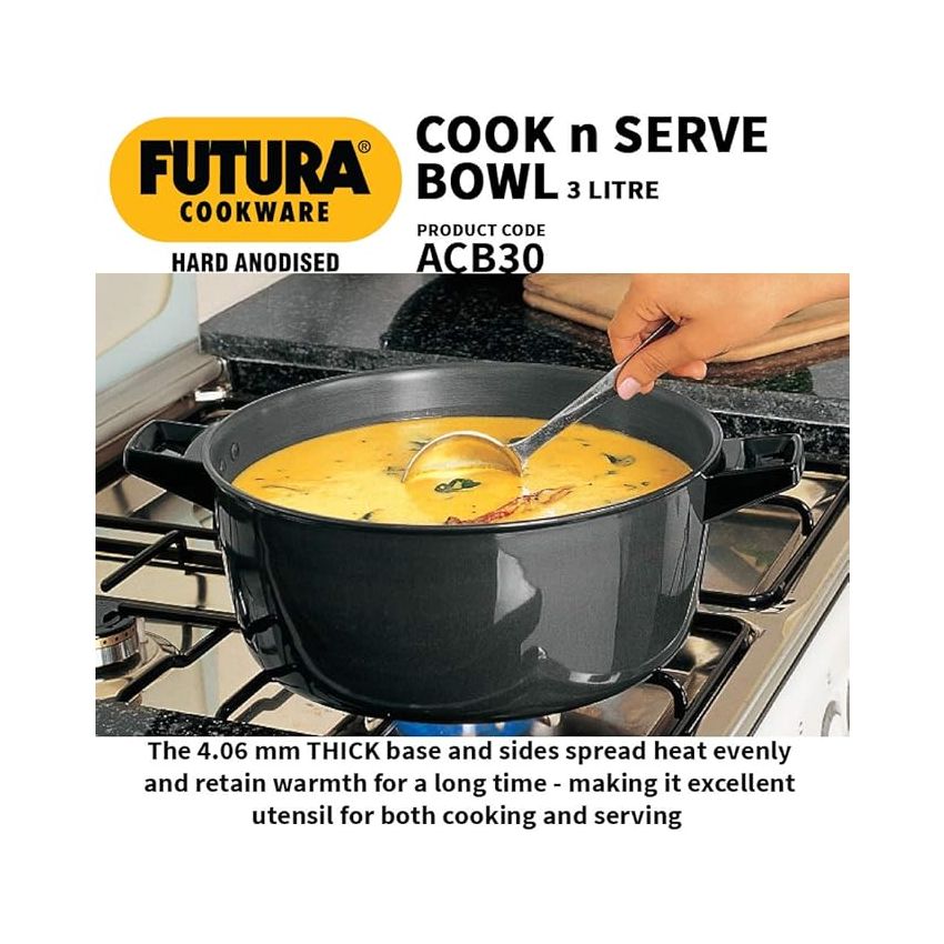 Hawkins Futura 3 Litre Cook n Serve Bowl, Hard Anodised Saucepan with Hard Anodised Lid, Sauce Pan for Cooking and Serving, Black (ACB30) (Aluminium)