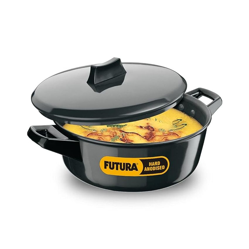 Hawkins Futura 4 Litre Cook N Serve Casserole, Hard Anodised Saucepan with Glass Lid, Sauce Pan for Cooking, Black Bowl for Serving, Black (Iacb40G), Anodized