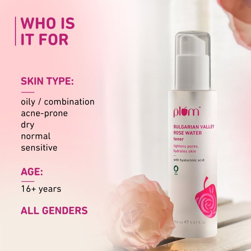 Plum Bulgarian Valley Rose Water Face Toner | for Oily Acne Prone Dry Combination Skin | with Hyaluronic Acid | Hydrating & Pores Tightening | Balances pH Levels | Alcohol-Free | Women & Men | 150ml