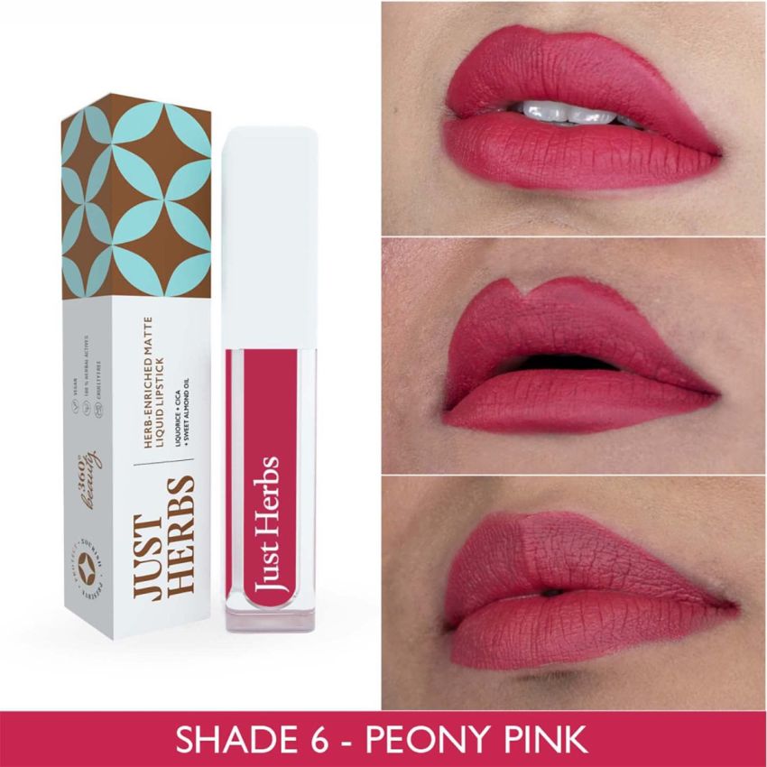 Just Herbs Ayurvedic Creamy Matte Long Lasting Liquid Lipstick with Liquorice & Sweet Almond Oil - Peony Pink - 2 ml