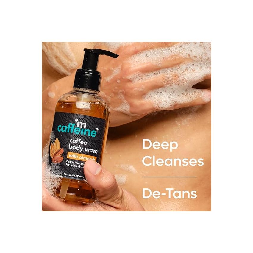 mCaffeine Coffee Body Wash with Almonds | De-Tan & Deep Cleansing Shower Gel | Enriched with Vitamin E & in Energizing Nutty Almond Aroma | Suitable for All Skin Types | For both Men & Women (200ml)