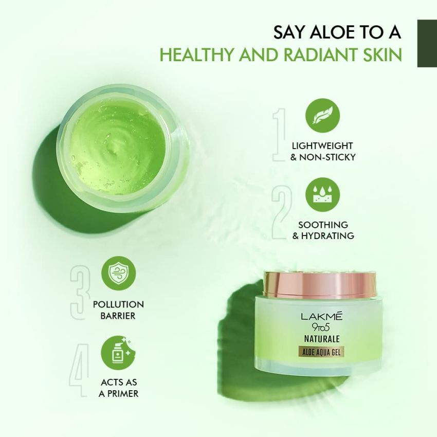 LAKMÉ 9 To 5 Naturale Aloe Aqua Hydrating Face Gel 50 G, With 100% Natural Aloe Vera, Lightweight Cooling Moisturizer - Moisturizes & Brightens Skin