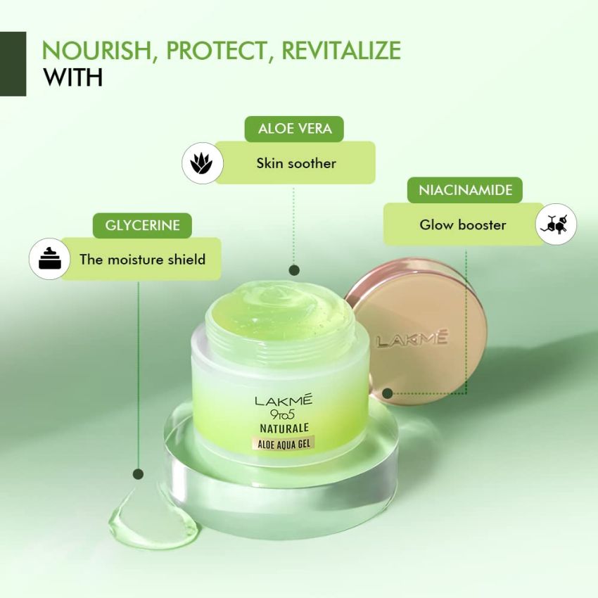 LAKMÉ 9 To 5 Naturale Aloe Aqua Hydrating Face Gel 50 G, With 100% Natural Aloe Vera, Lightweight Cooling Moisturizer - Moisturizes & Brightens Skin