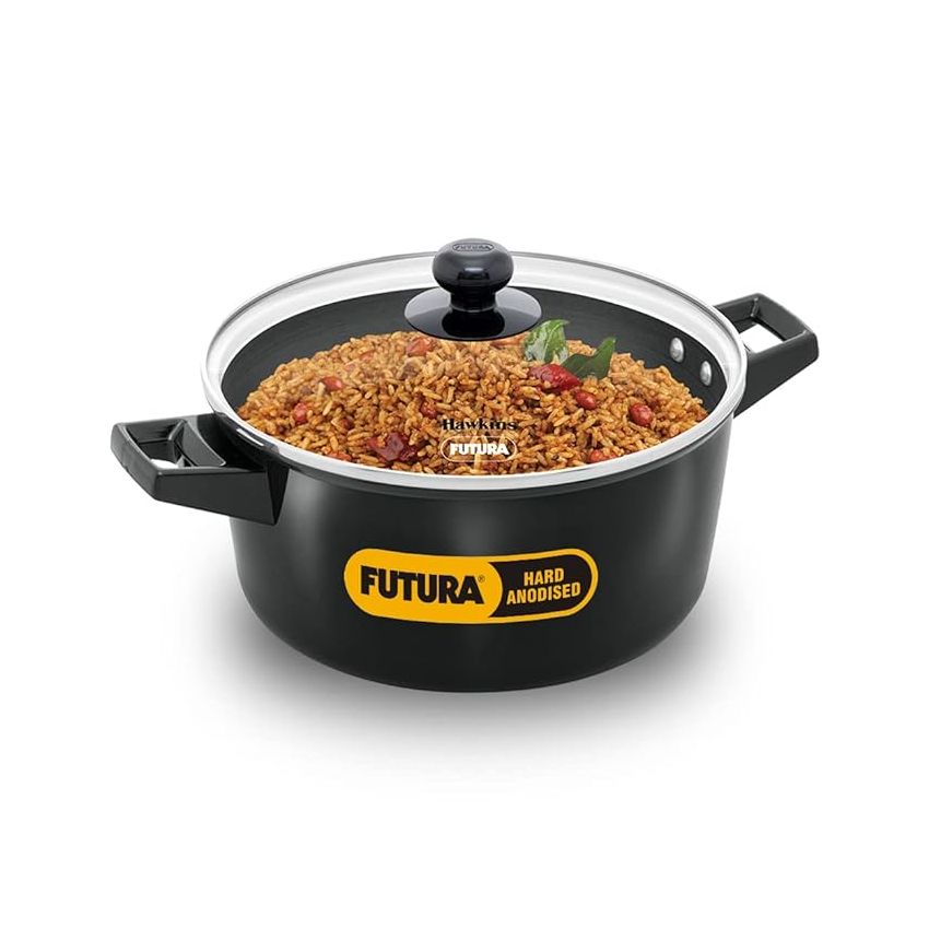 Hawkins Futura 4 Litre Cook N Serve Casserole, Hard Anodised Saucepan with Glass Lid, Sauce Pan for Cooking, Black Bowl for Serving, Black (Iacb40G), Anodized