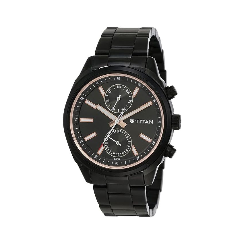 Titan Men's Metropolitan Luxe: Multifunction Mono black Dial with Two-Tone Stainless Steel Bracelet Watch-NS1733NM01/NT1733NM01