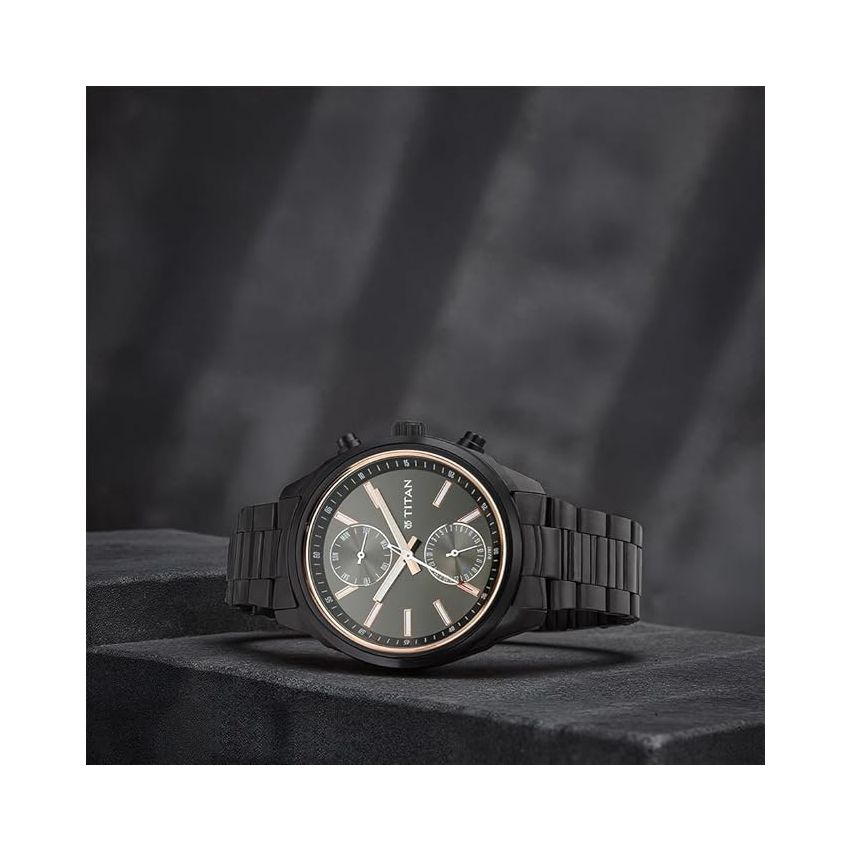 Titan Men's Metropolitan Luxe: Multifunction Mono black Dial with Two-Tone Stainless Steel Bracelet Watch-NS1733NM01/NT1733NM01