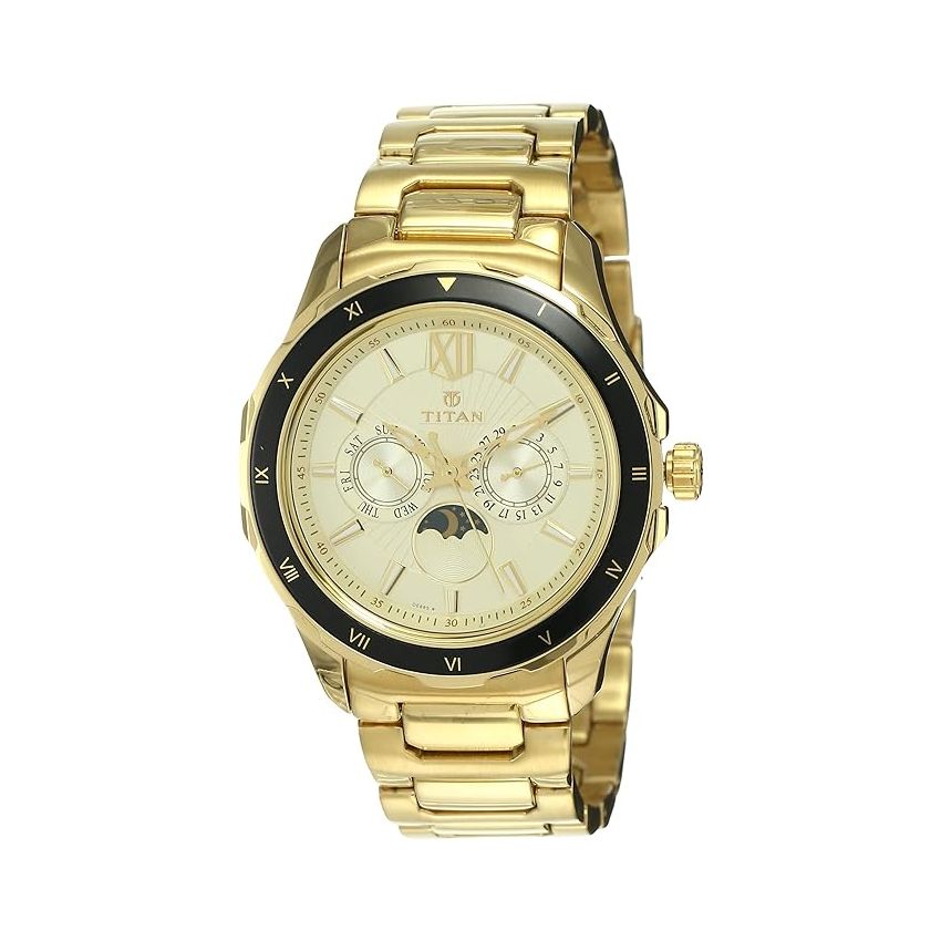 Titan Regalia Quartz Multifunction Champagne Dial Stainless Steel Strap watch for Men-NS1688KM01/NT1688KM01