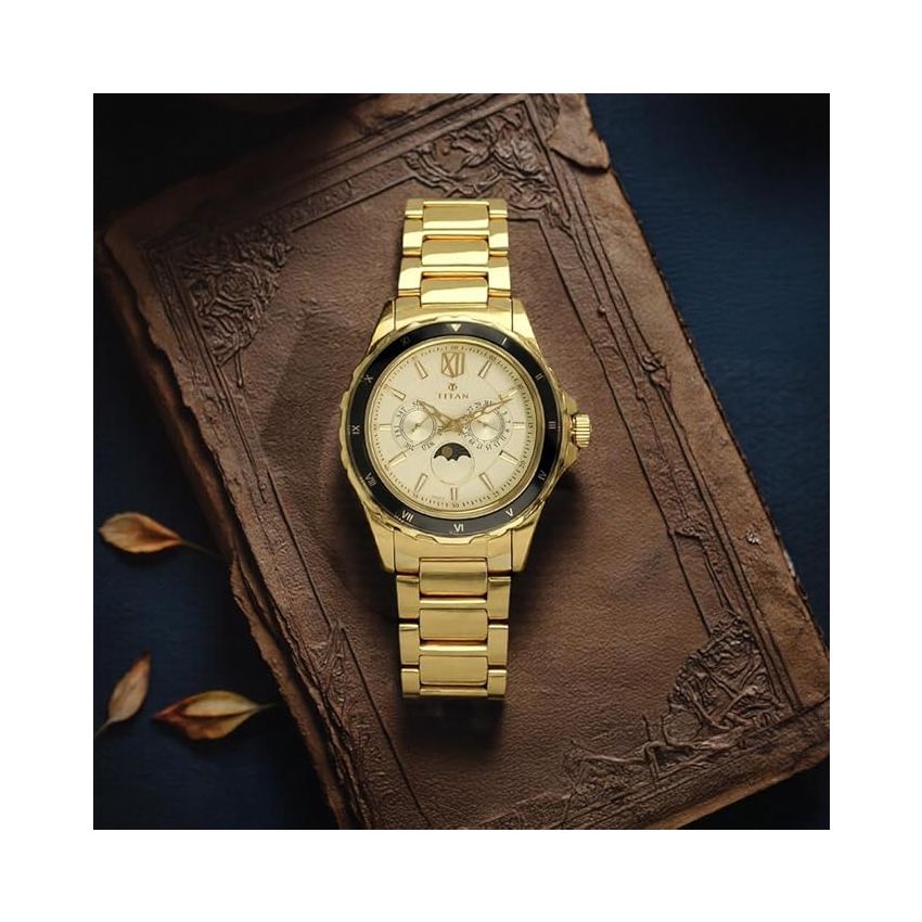 Titan Regalia Quartz Multifunction Champagne Dial Stainless Steel Strap watch for Men-NS1688KM01/NT1688KM01
