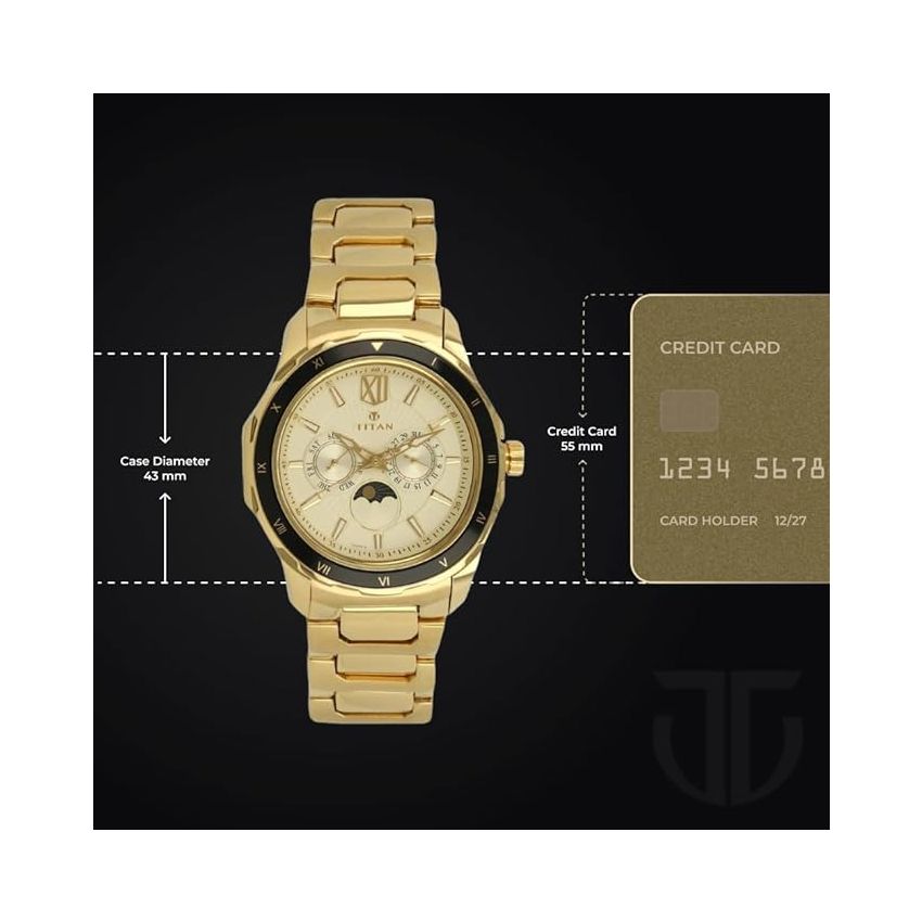 Titan Regalia Quartz Multifunction Champagne Dial Stainless Steel Strap watch for Men-NS1688KM01/NT1688KM01