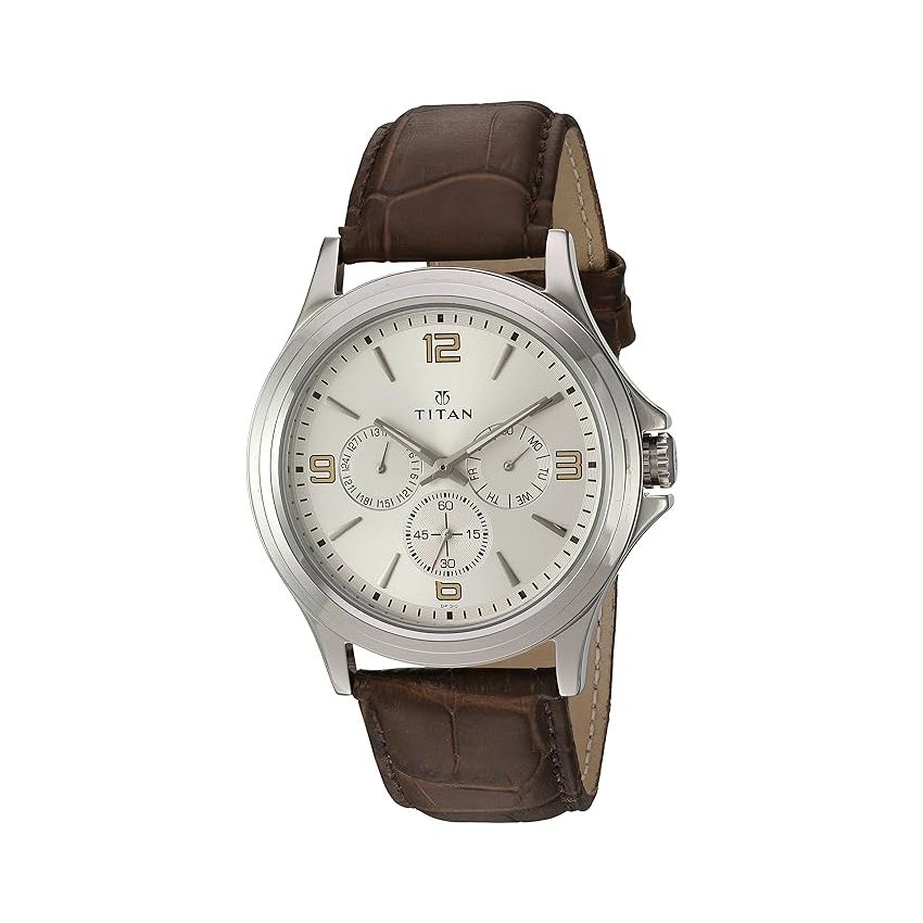 Titan Quartz Multifunction Silver Dial Leather Strap Watch for Men-NS1698SL01/NT1698SL01