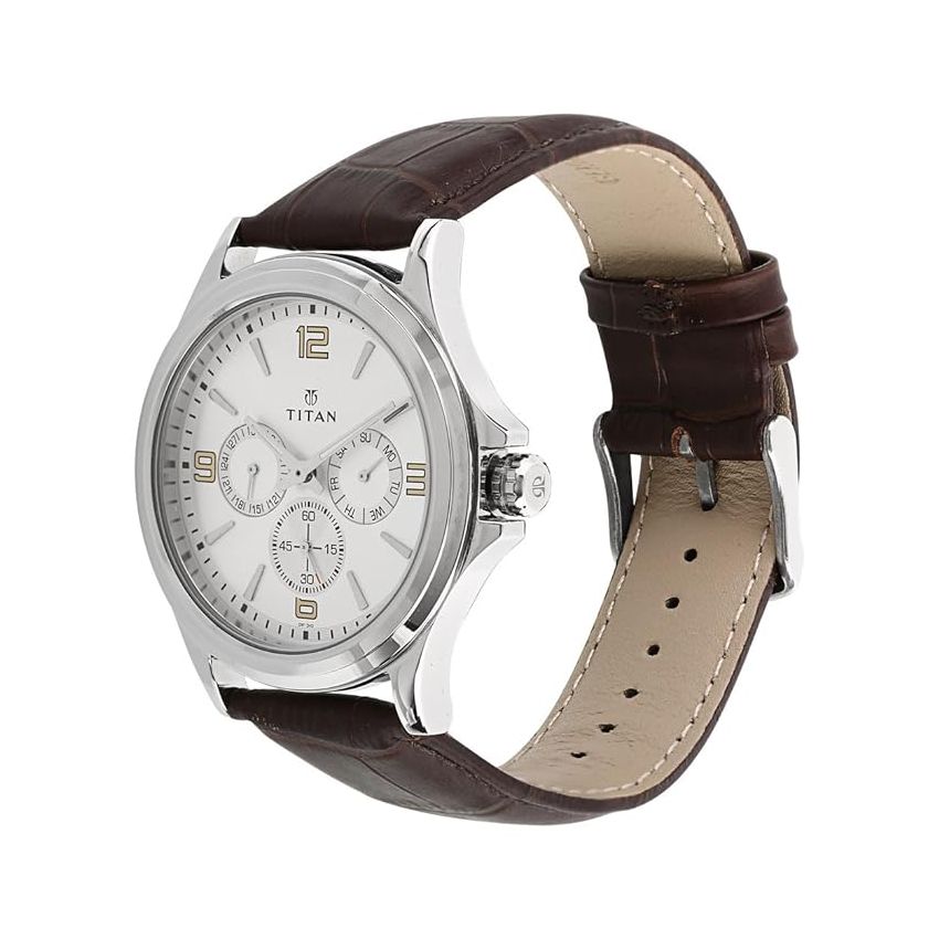 Titan Quartz Multifunction Silver Dial Leather Strap Watch for Men-NS1698SL01/NT1698SL01