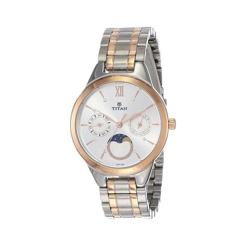 Titan Women's Elegance Moon phase Two-Tone White Dial Watch-NS2590KM01/NT2590KM01
