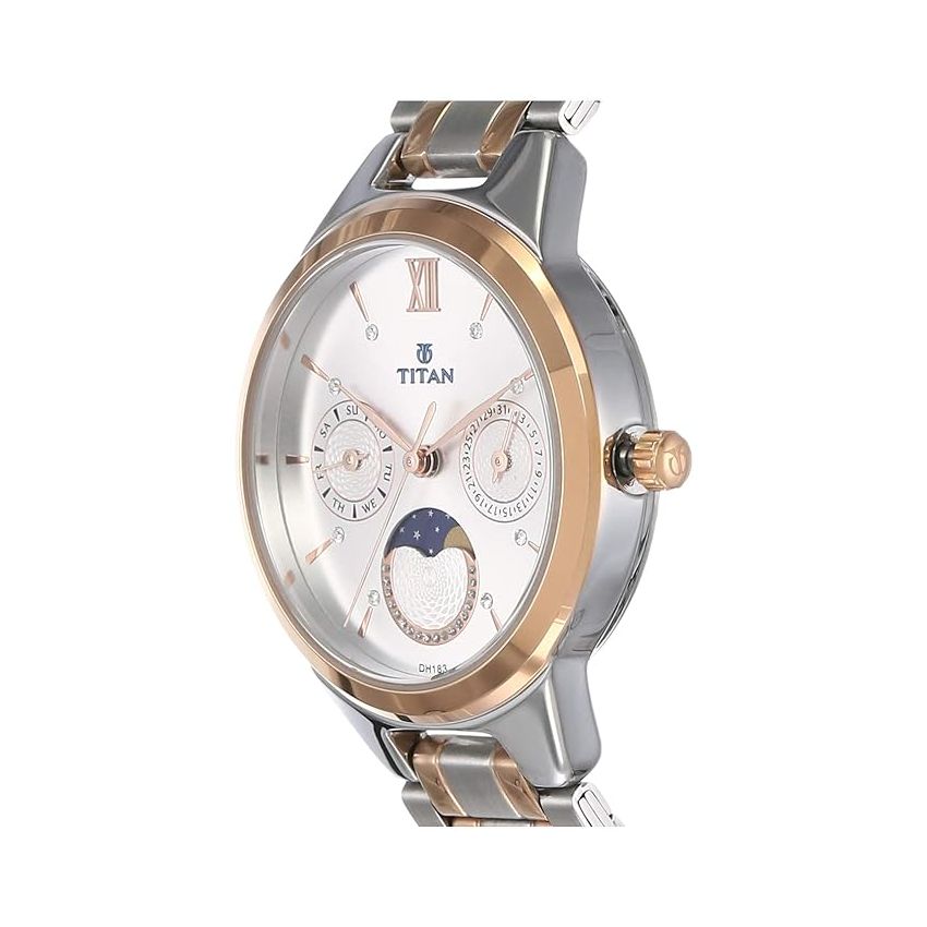 Titan Women's Elegance Moon phase Two-Tone White Dial Watch-NS2590KM01/NT2590KM01