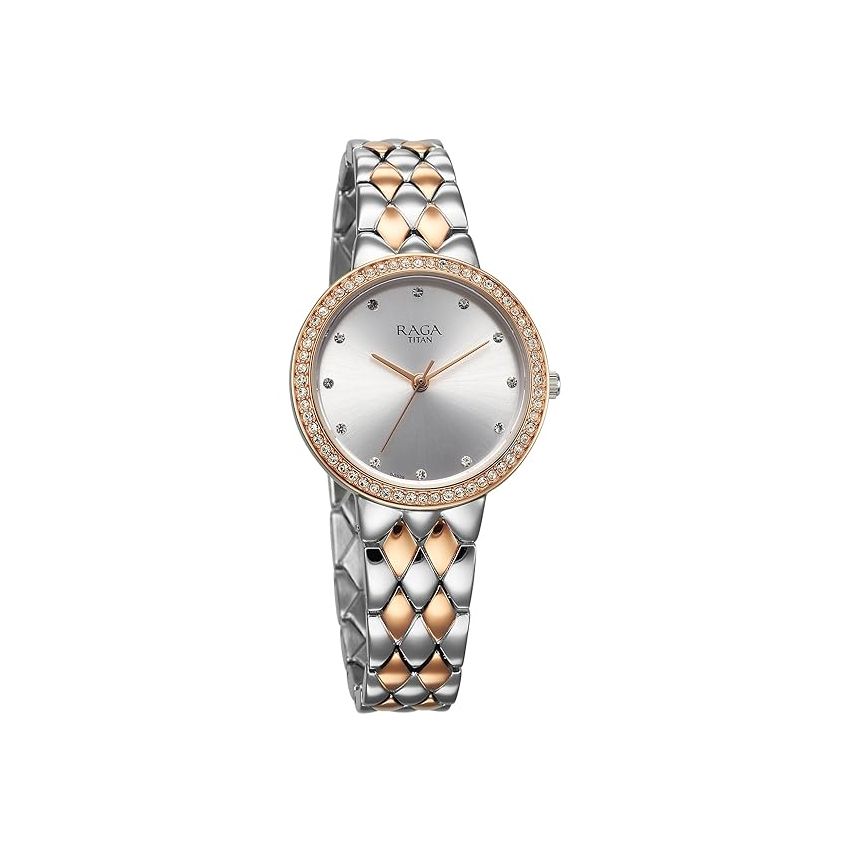 Titan Raga Showstopper Quartz Analog Silver Dial Metal Strap Watch for Women-NS95282KM01/NT95282KM01