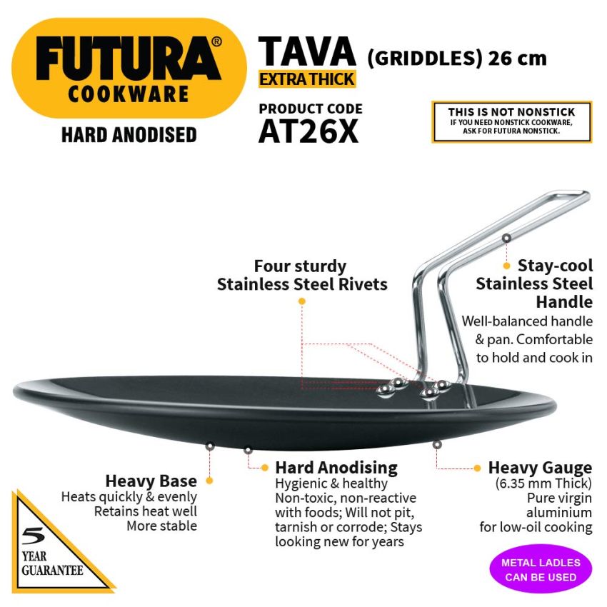 Hawkins Futura 26 cm Tava, Hard Anodised Tawa with Stainless Steel Handle, Extra Thick Tawa, Black (AT26X)