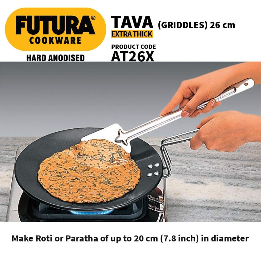 Hawkins Futura 26 cm Tava, Hard Anodised Tawa with Stainless Steel Handle, Extra Thick Tawa, Black (AT26X)