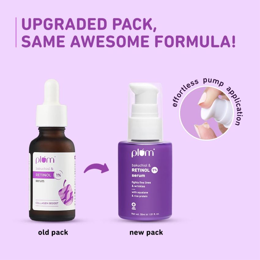 Plum 1% Retinol Anti-Aging Night Face Serum with Bakuchiol | Boosts Collagen, Reduces Fine Lines & Wrinkles | Retinol Serum for Face | for Women & Men | Beginner-Friendly | Suits All Skin Types | 30ml