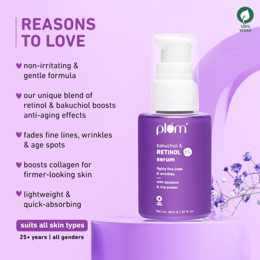 Plum 1% Retinol Anti-Aging Night Face Serum with Bakuchiol | Boosts Collagen, Reduces Fine Lines & Wrinkles | Retinol Serum for Face | for Women & Men | Beginner-Friendly | Suits All Skin Types | 30ml