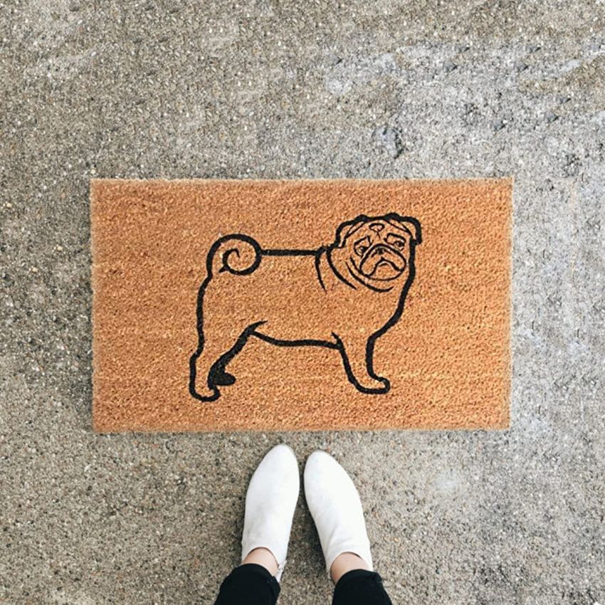 Onlymat Natural Coir, Anti-Skid PVC Back Printed Thick Weatherproof Large Entryway Rug Doormat with Black Color Pug Imprint (75cm x 1.5cm x 45cm)